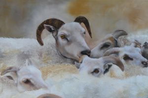 Een schilderij van een aantal schapen