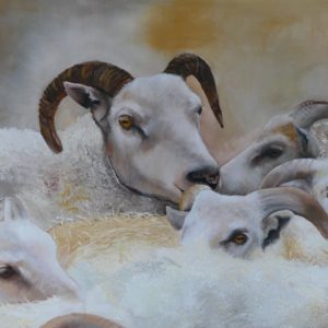 Een schilderij van een kudde schapen